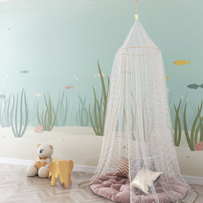 Papel de parede para quarto infantil | Submarino tranquilo com peixes coloridos e algas marinhas