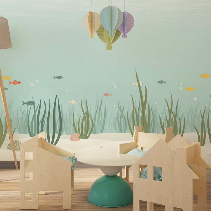 Papel de parede para quarto infantil | Submarino tranquilo com peixes coloridos e algas marinhas