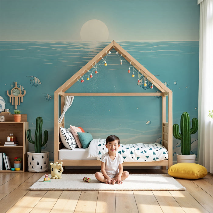 Papel de parede para quarto infantil | Submarino tranquilo com peixes e conchas