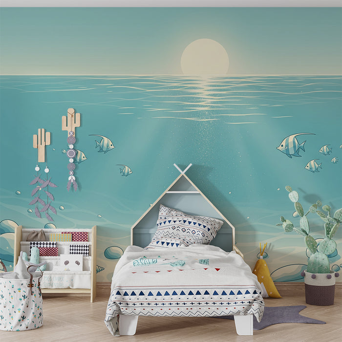 Papel de parede para quarto infantil | Submarino tranquilo com peixes e conchas
