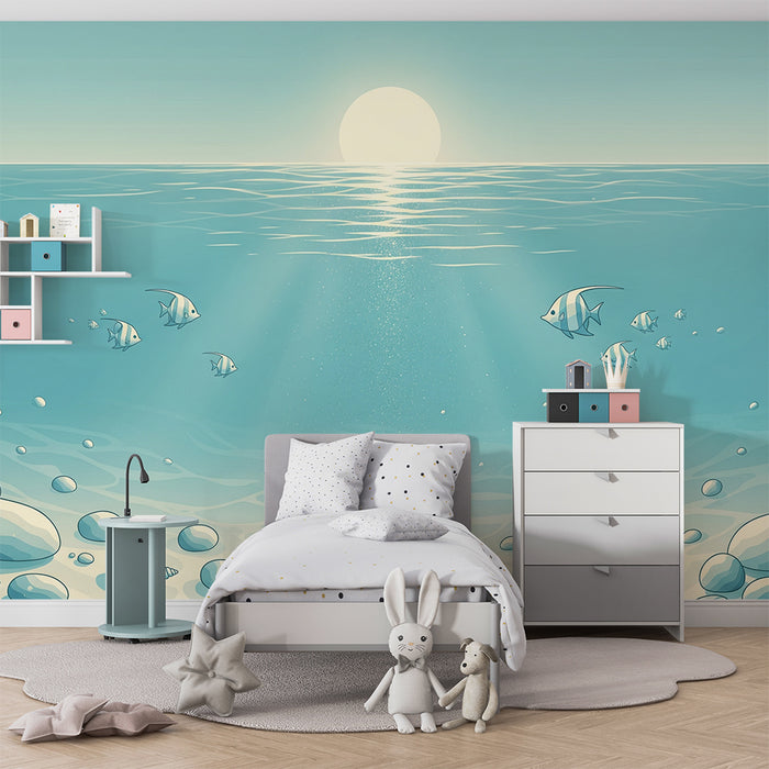Papel de parede para quarto infantil | Submarino tranquilo com peixes e conchas