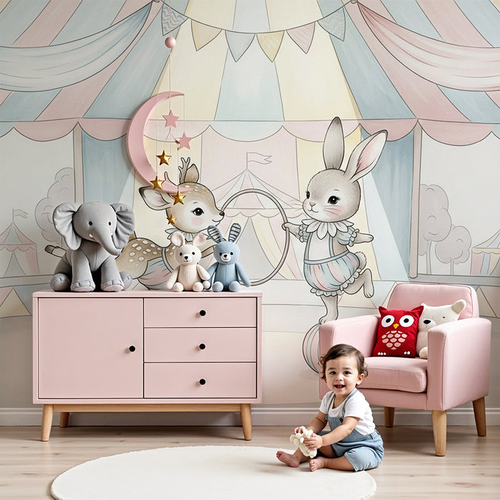 Børneværelse tapet | Cirkusforestilling med en hjort og en kanin