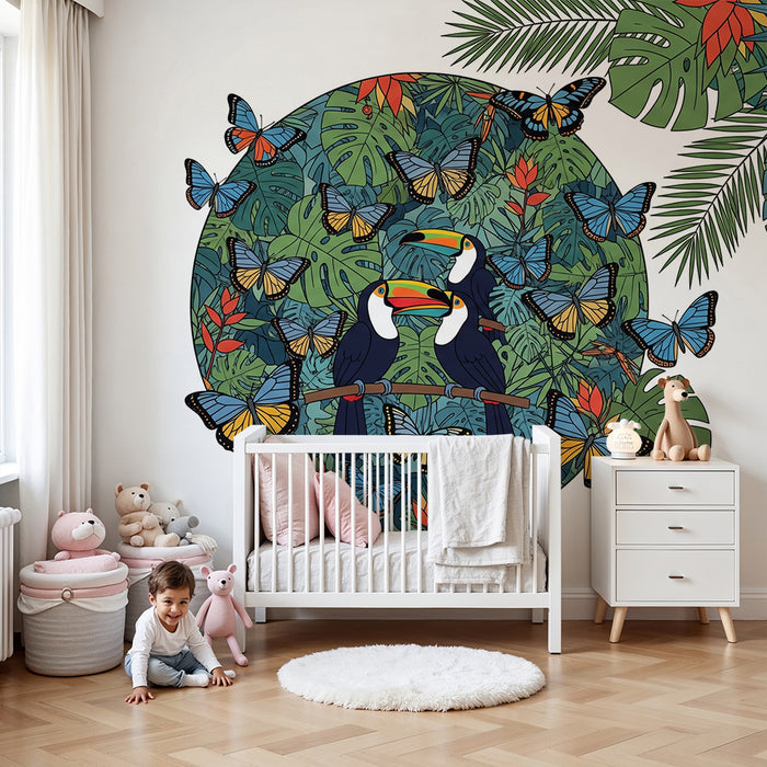 Kids room wallpaper | Sphere of colorful toucans and butterflies in the jungle
