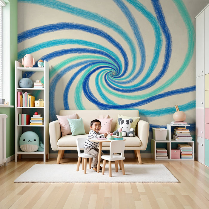 Kinderzimmer Tapete | Buntes Spiralmuster in Blau und Türkis