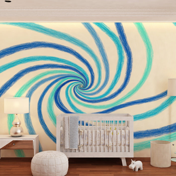 Kinderzimmer Tapete | Buntes Spiralmuster in Blau und Türkis