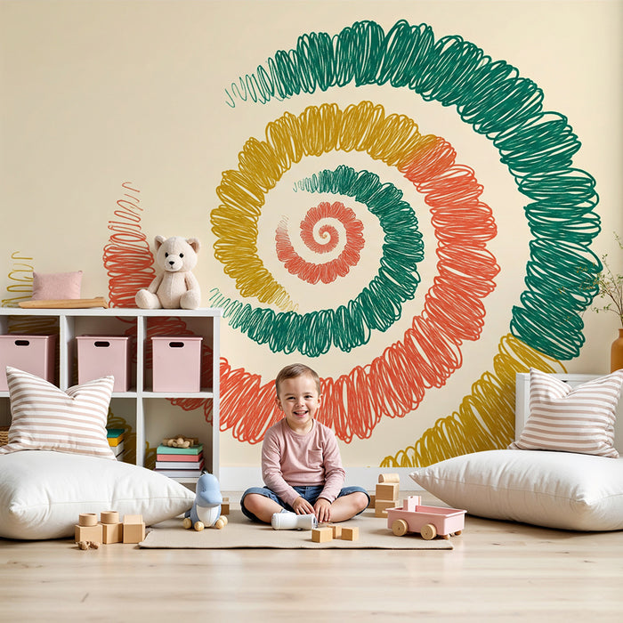 Tapet barnerom | Fargerik spiral i lekne tegninger