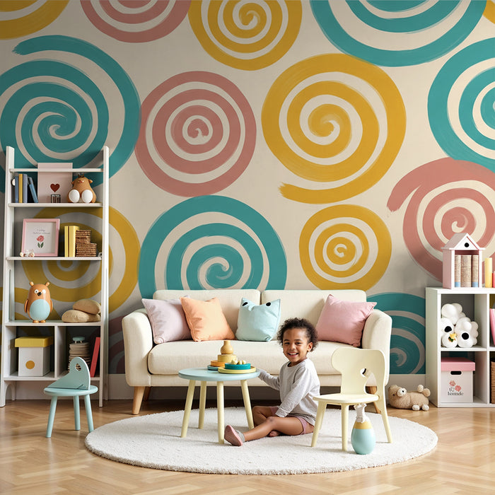 Kinderzimmer Tapete | Bunte Spiralen auf weichem Hintergrund