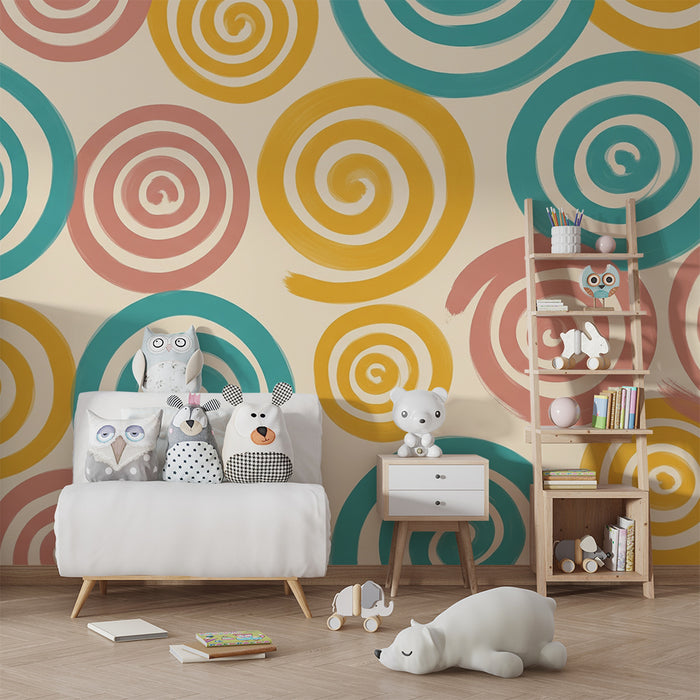 Kinderzimmer Tapete | Bunte Spiralen auf weichem Hintergrund