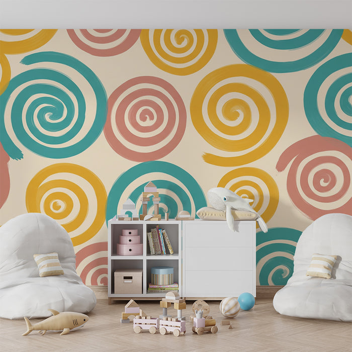 Kinderzimmer Tapete | Bunte Spiralen auf weichem Hintergrund
