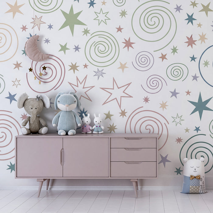 Dětská tapeta | Barevné spirály a hvězdy na bílém pozadí