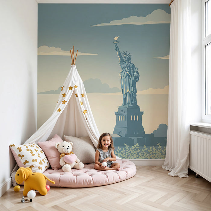 Papel de parede para quarto infantil | Estátua da Liberdade e céu tranquilo com nuvens
