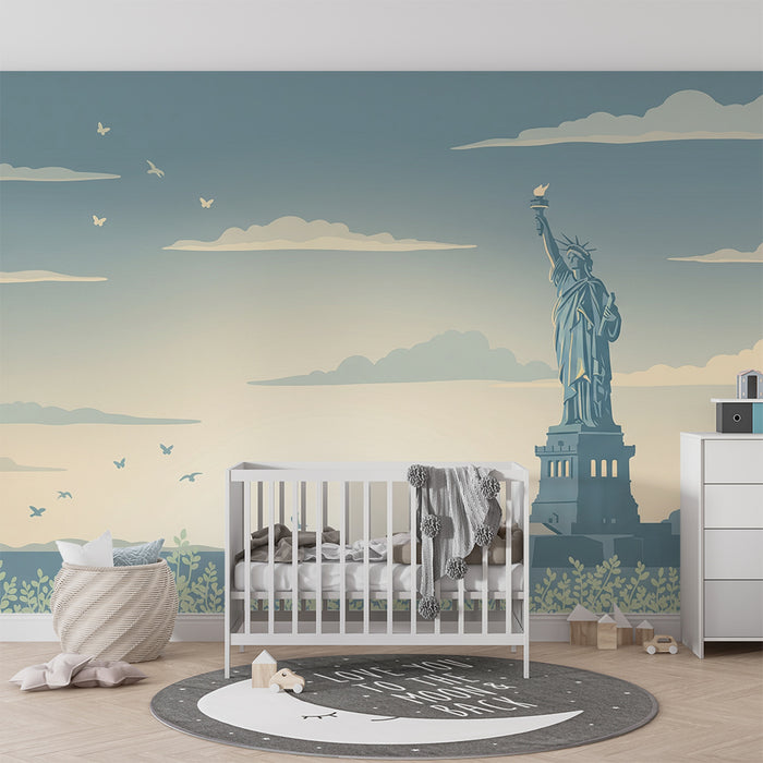 Papel de parede para quarto infantil | Estátua da Liberdade e céu tranquilo com nuvens