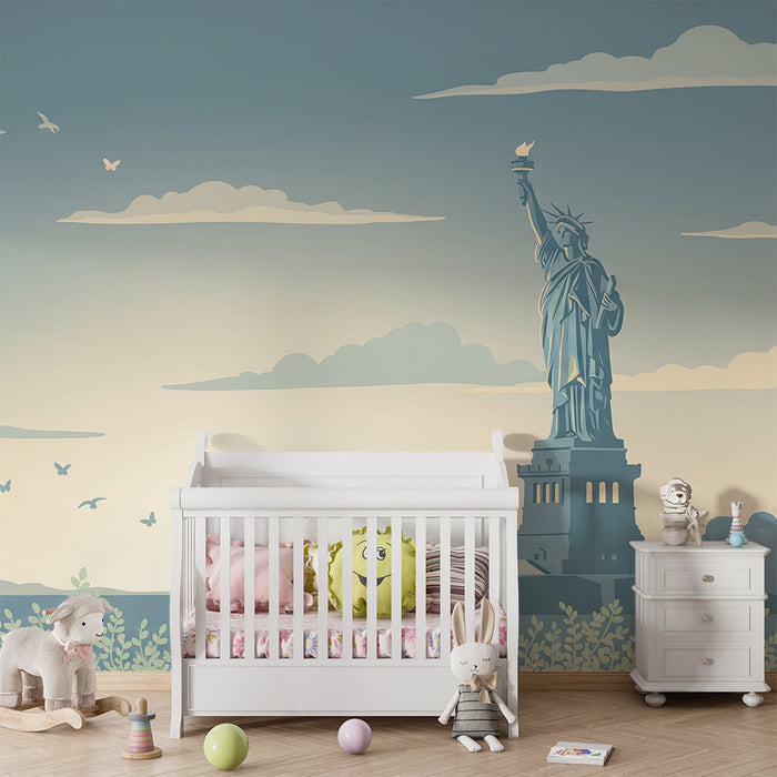 Papel de parede para quarto infantil | Estátua da Liberdade e céu tranquilo com nuvens