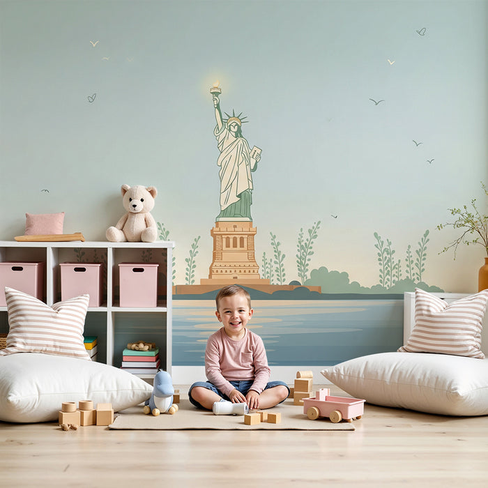 Papier peint chambre enfant | Statue de la Liberté et paysage marin apaisant