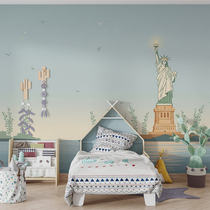 Papier peint chambre enfant | Statue de la Liberté et paysage marin apaisant