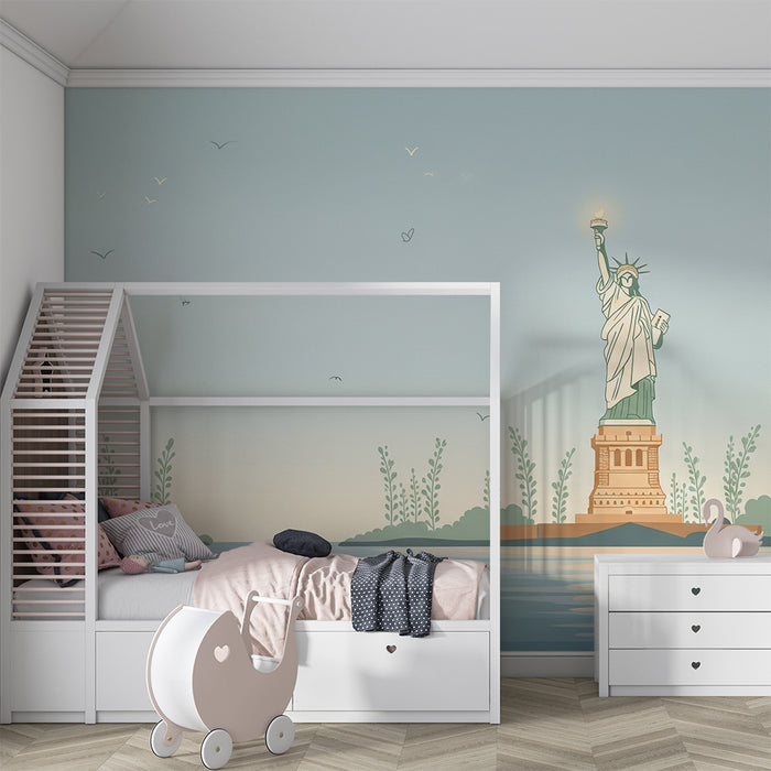 Papier peint chambre enfant | Statue de la Liberté et paysage marin apaisant