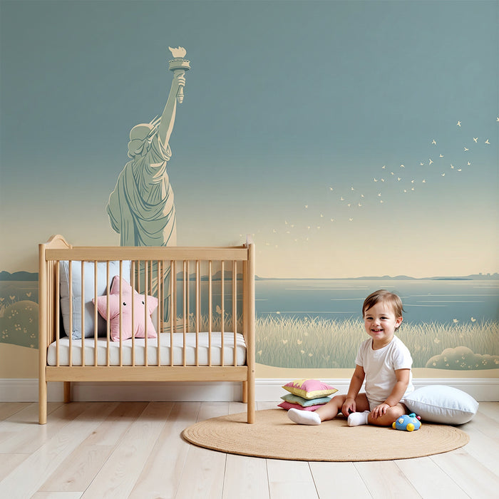 Papel de parede para quarto infantil | Estátua da Liberdade e paisagem serena