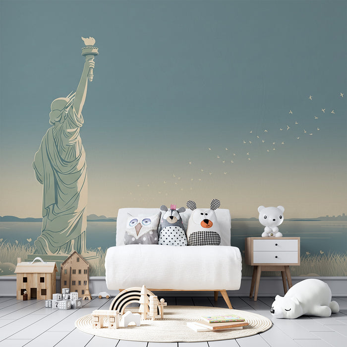 Papel de parede para quarto infantil | Estátua da Liberdade e paisagem serena
