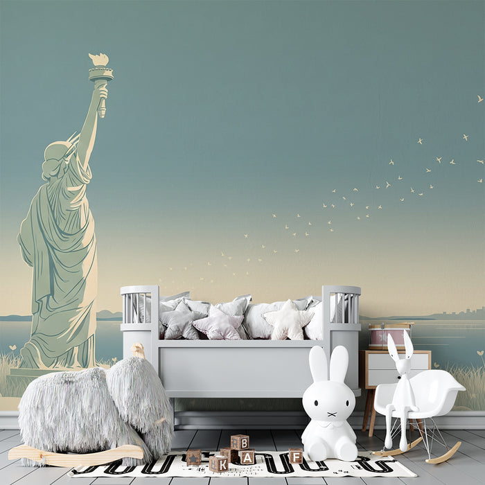 Papel de parede para quarto infantil | Estátua da Liberdade e paisagem serena