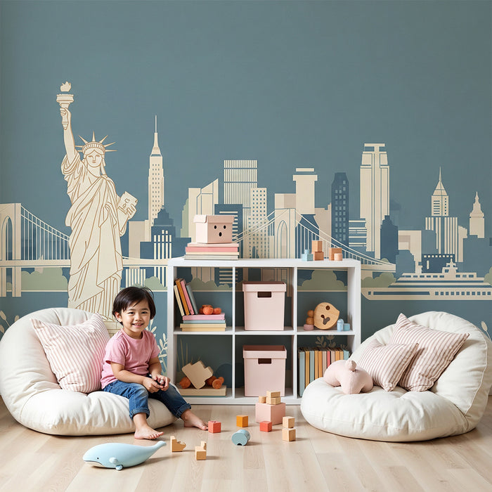Papier peint chambre enfant | Statue de la Liberté et skyline de New York en couleurs douces