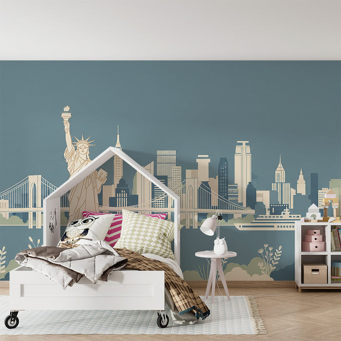 Papier peint chambre enfant | Statue de la Liberté et skyline de New York en couleurs douces