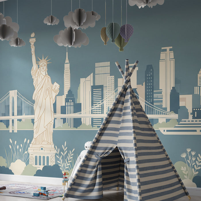 Papier peint chambre enfant | Statue de la Liberté et skyline de New York en couleurs douces