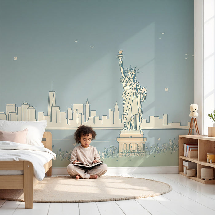 Papier peint chambre enfant | Statue de la Liberté et skyline moderne dans un décor floral apaisant