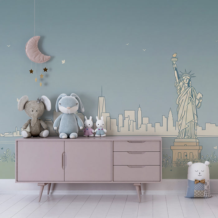 Papier peint chambre enfant | Statue de la Liberté et skyline moderne dans un décor floral apaisant