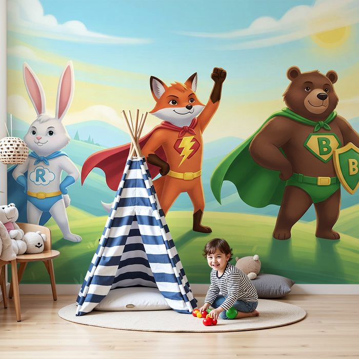 Kinderkamer behang | Superhelden dieren in een betoverend landschap