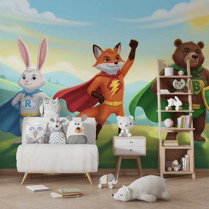 Kinderkamer behang | Superhelden dieren in een betoverend landschap