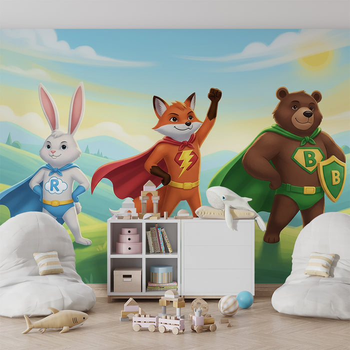 Kinderkamer behang | Superhelden dieren in een betoverend landschap