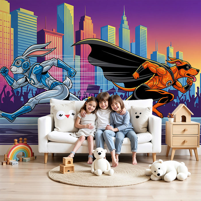 Tapet barnerom | Superhelter dyr i full fart i en dynamisk by