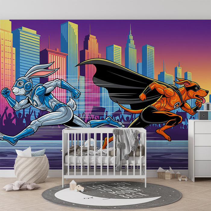 Tapet barnerom | Superhelter dyr i full fart i en dynamisk by