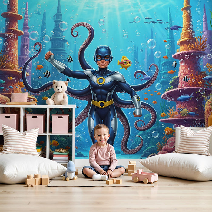 Papel pintado infantil | Superhéroes submarinos y su mundo acuático colorido