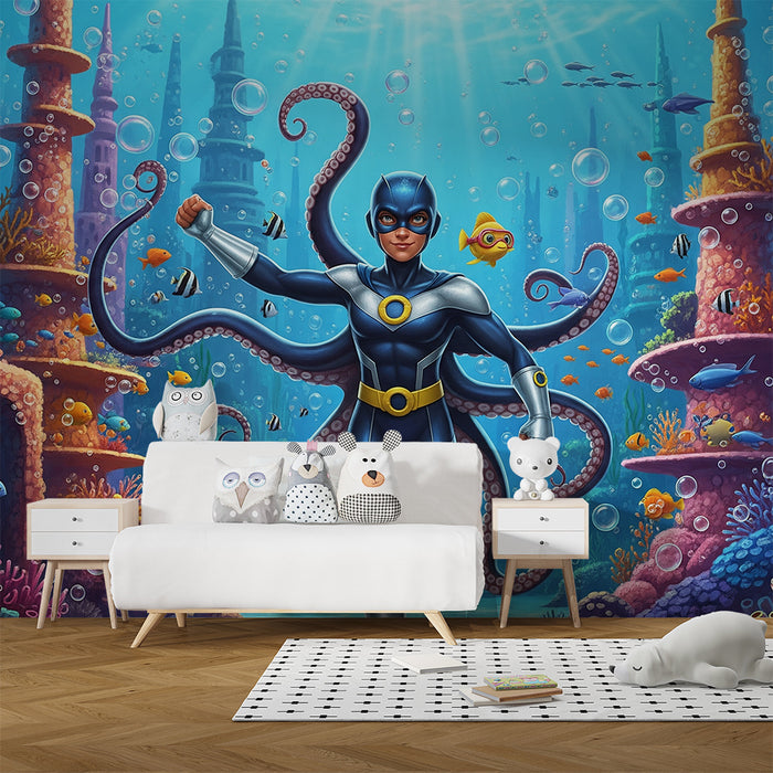 Papel pintado infantil | Superhéroes submarinos y su mundo acuático colorido
