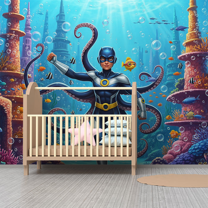 Papel pintado infantil | Superhéroes submarinos y su mundo acuático colorido