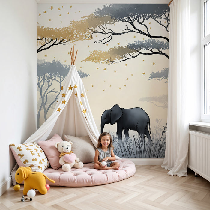 Papel de parede criança | Lindo elefante sob as estrelas