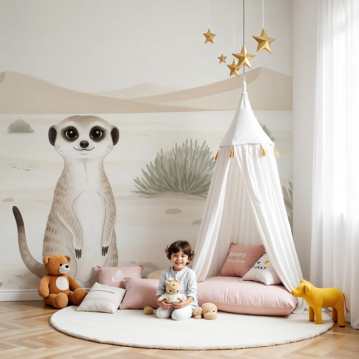 Papel de parede para quarto infantil | Suricata curiosa numa paisagem desértica suave