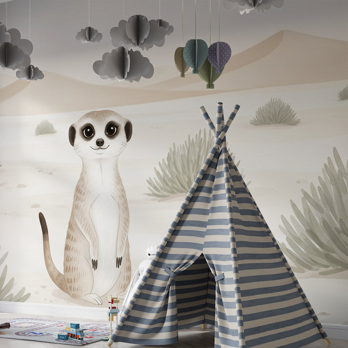 Papel de parede para quarto infantil | Suricata curiosa numa paisagem desértica suave