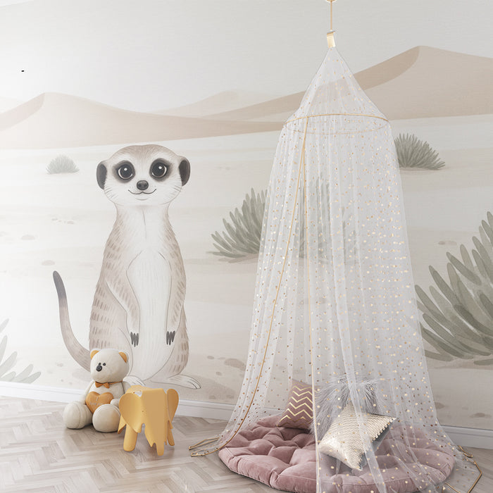 Papel de parede para quarto infantil | Suricata curiosa numa paisagem desértica suave