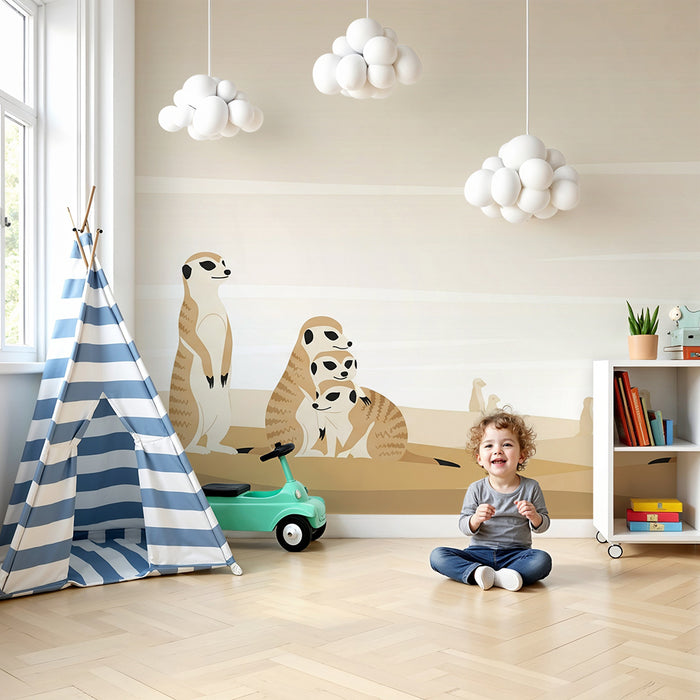 Papel de parede para quarto infantil | Suricata e deserto em tons suaves