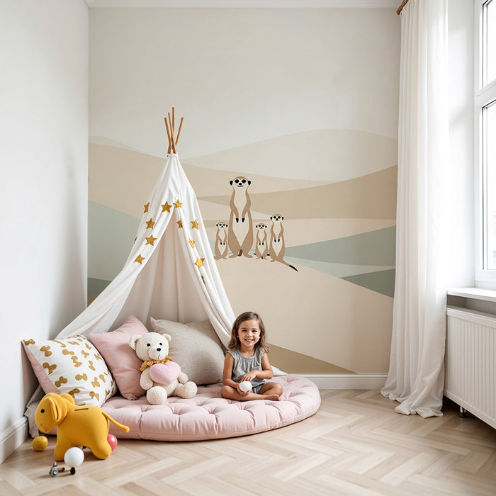 Papier peint chambre enfant | Suricate et dunes pastel dans un paysage doux