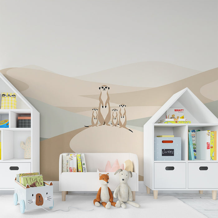 Papier peint chambre enfant | Suricate et dunes pastel dans un paysage doux