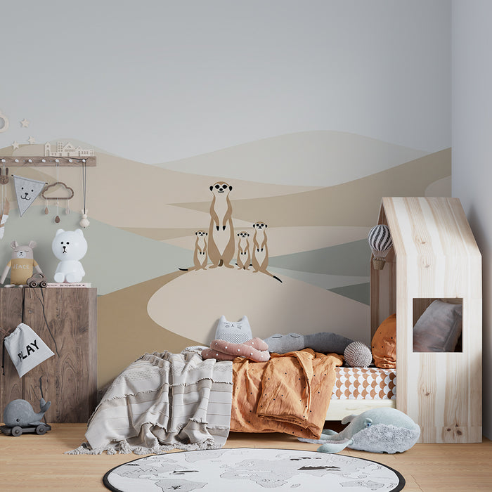 Papier peint chambre enfant | Suricate et dunes pastel dans un paysage doux