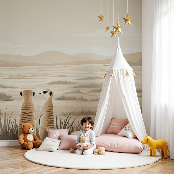Papier peint chambre enfant | Suricate et paysage désertique apaisant