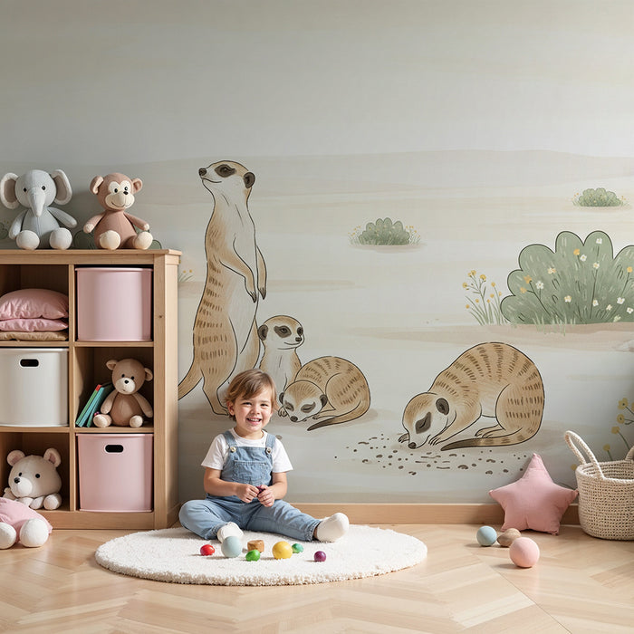 Papier peint chambre enfant | Suricate et paysage désertique avec verdure douce