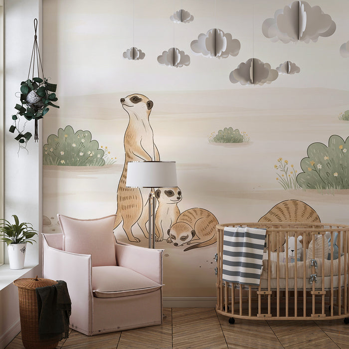 Papier peint chambre enfant | Suricate et paysage désertique avec verdure douce