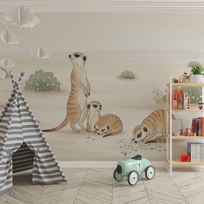 Papier peint chambre enfant | Suricate et paysage désertique avec verdure douce