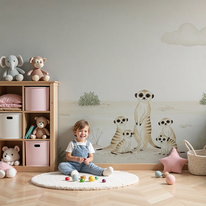 Papel de parede para quarto infantil | Suricata e paisagem desértica suave