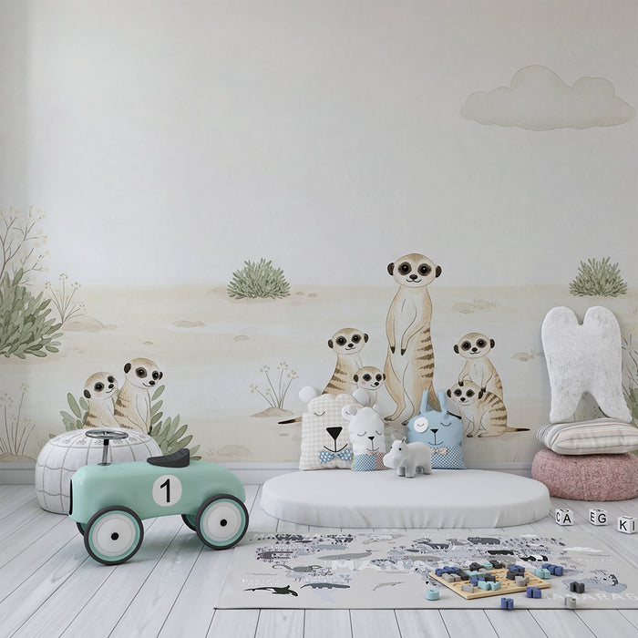 Papel de parede para quarto infantil | Suricata e paisagem desértica suave